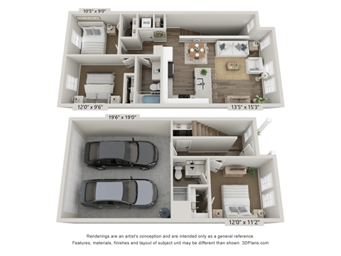 a 3d floor plan of a 3 bedroom apartment with a car in the garage